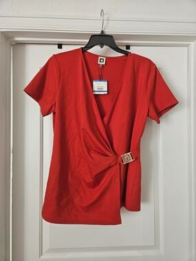 Red Anne Klein Red Wrap Short Sleeve Top with Buckle Accent